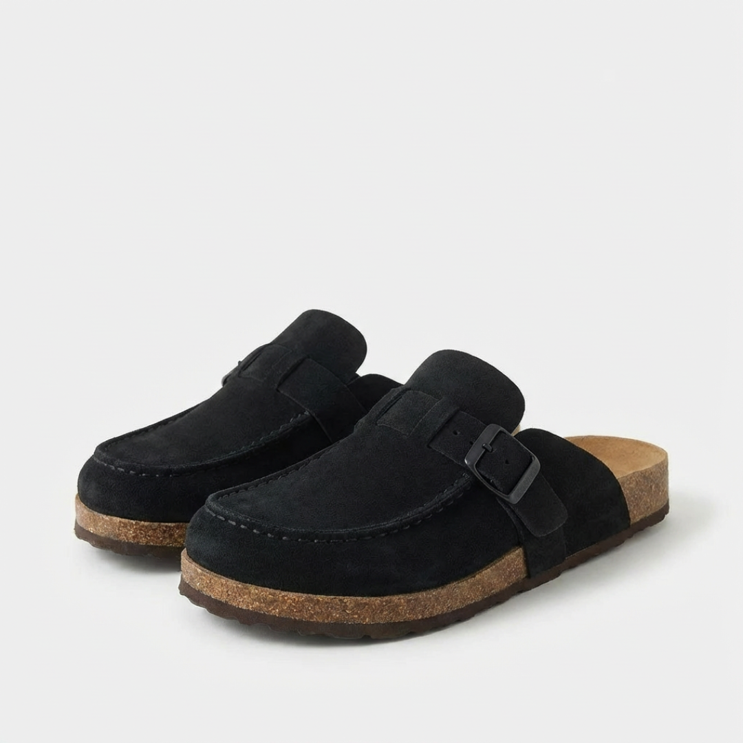 Women's Suede Cork Footbed Clogs with Adjustable Buckle