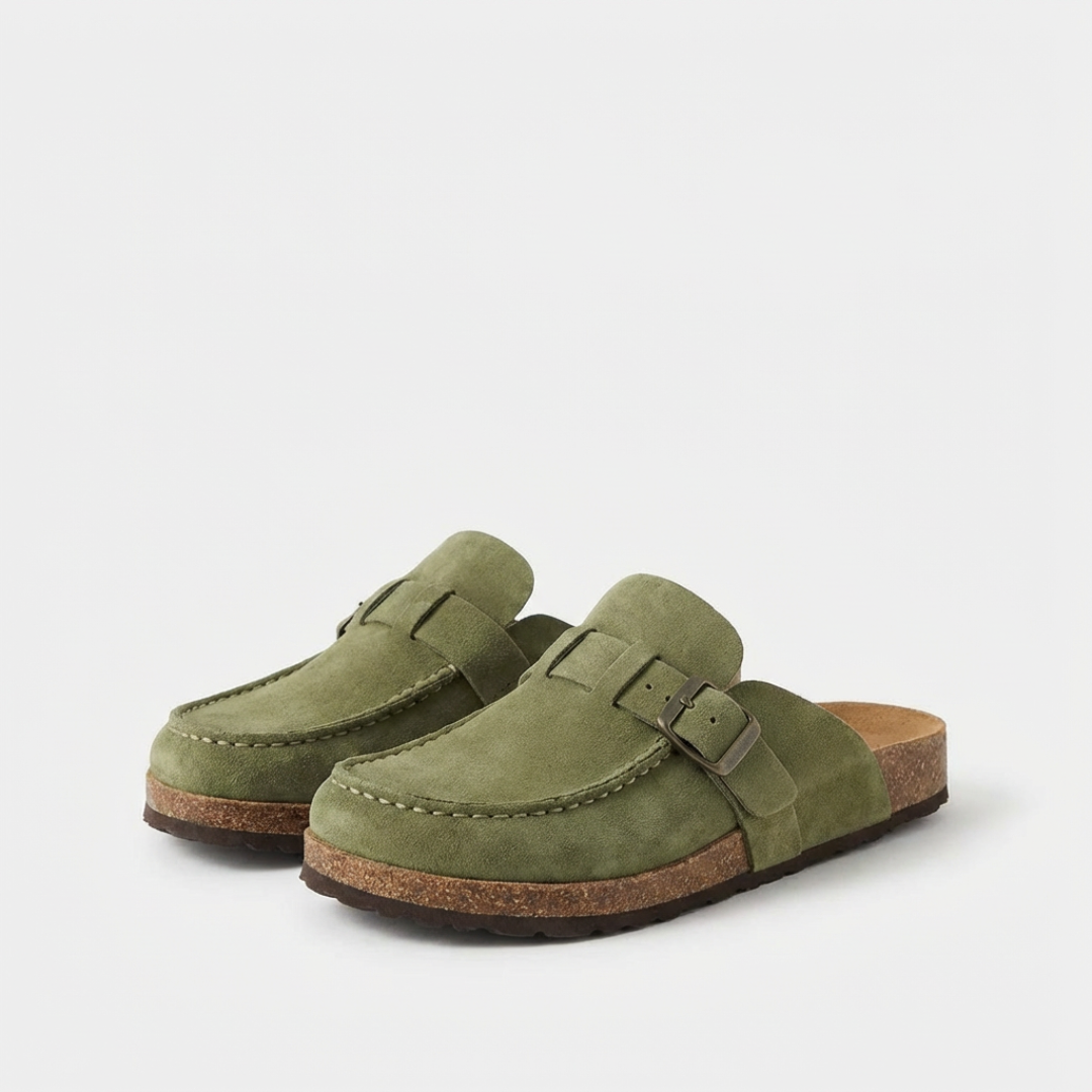 Women's Suede Cork Footbed Clogs with Adjustable Buckle