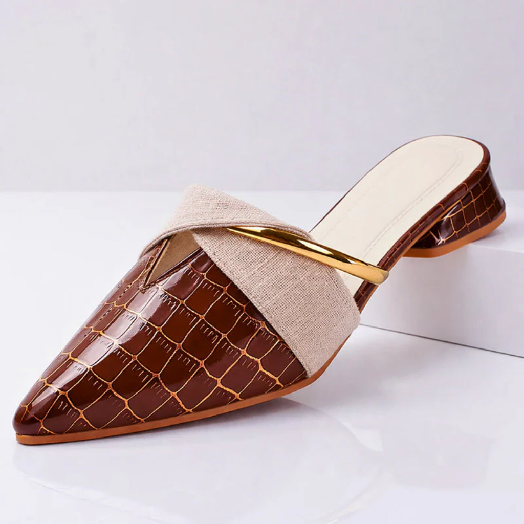 Women's Pointed Toe Mules with Gold Detail and Linen Cross Strap