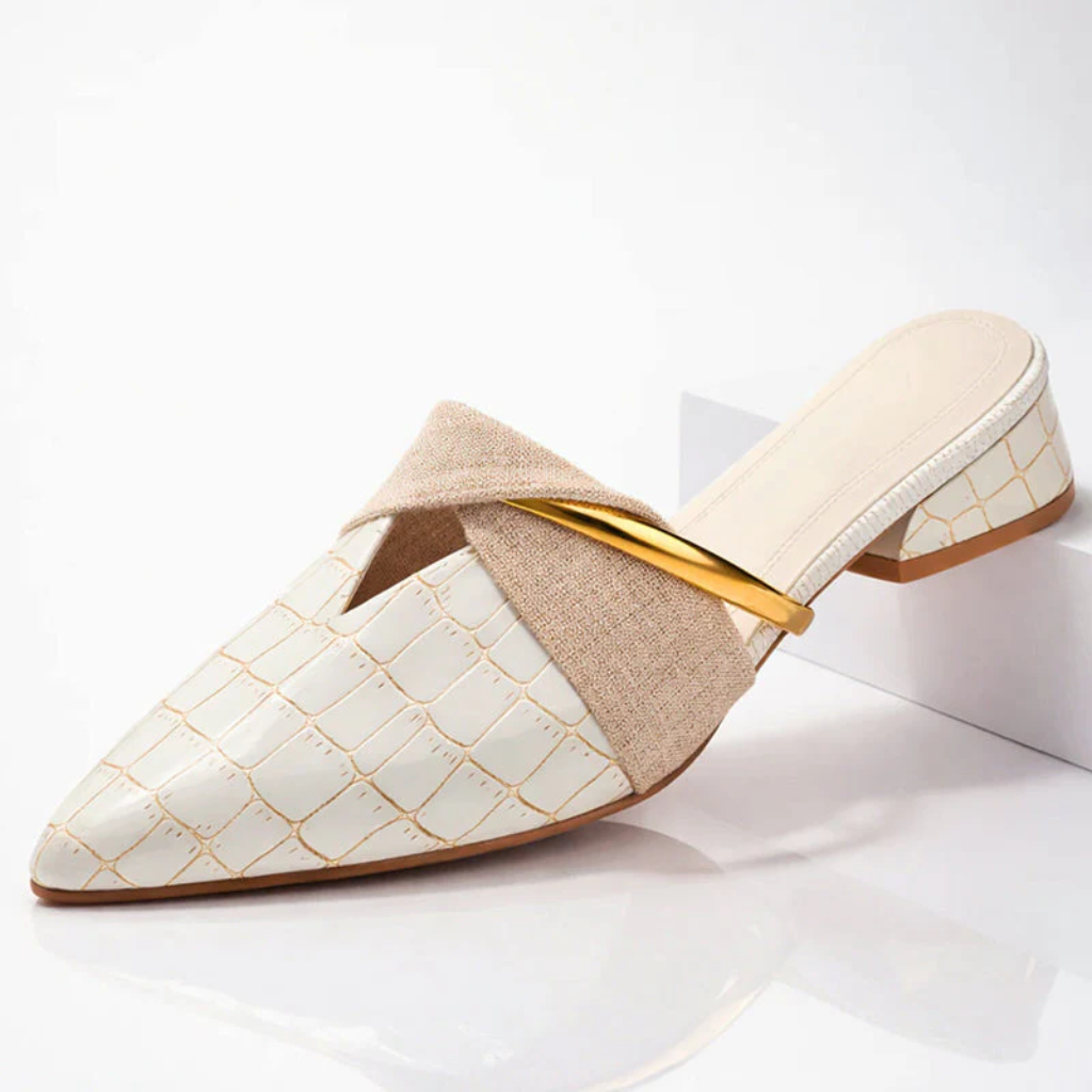 Women's Pointed Toe Mules with Gold Detail and Linen Cross Strap