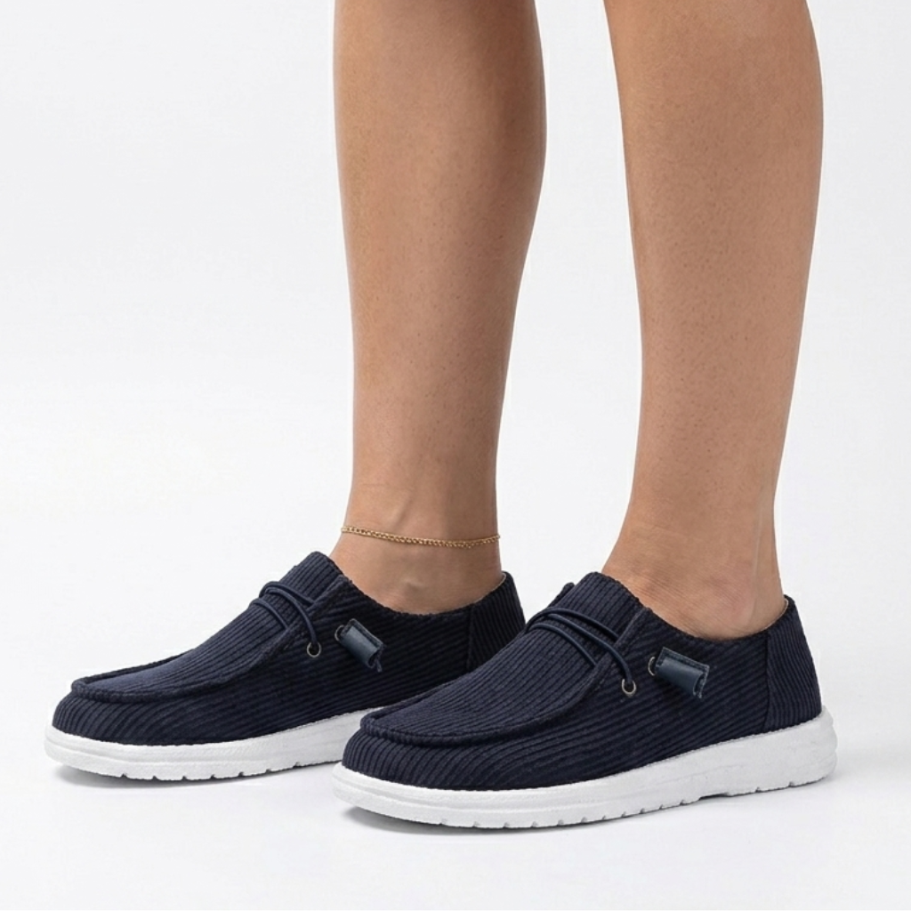 Women's Orthopedic Ribbed Slip-On Shoes with Contrast Sole and Minimalist Lace Detail