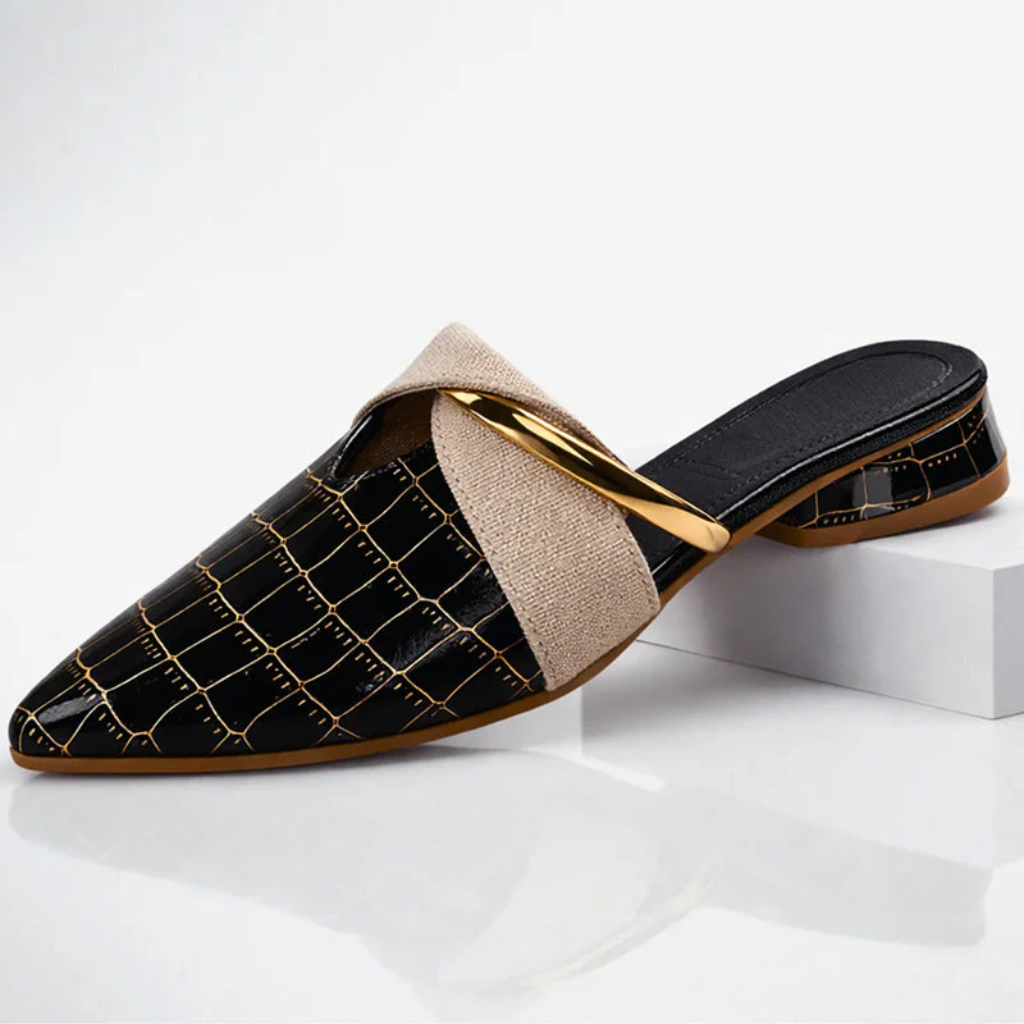 Women's Pointed Toe Mules with Gold Detail and Linen Cross Strap