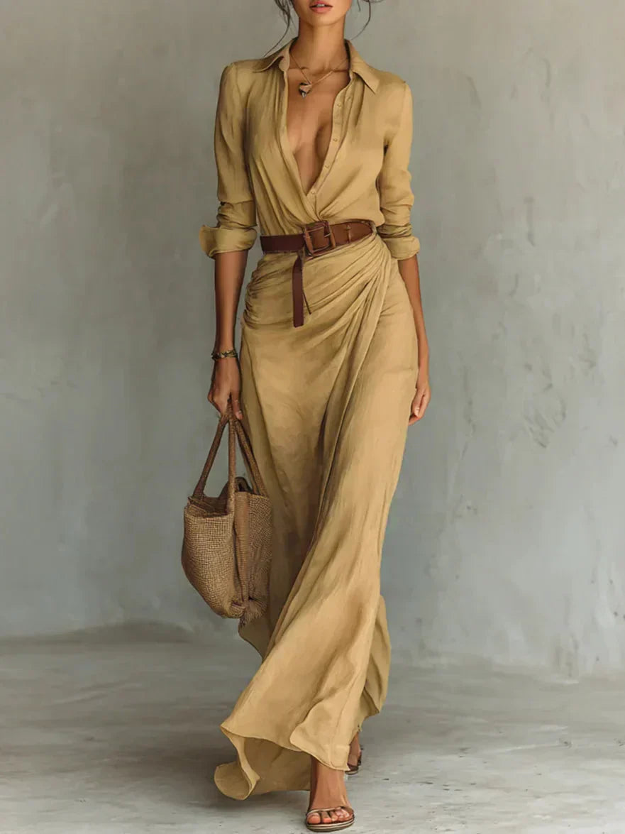 Women Maxi Dress Button Front Shirt Dress Long Sleeve Ruched