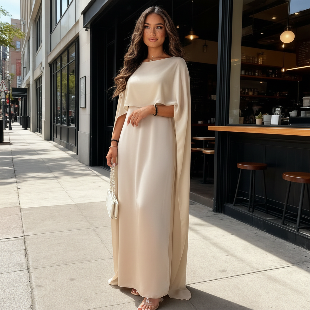 Women Maxi Dress Wedding Guest Formal Boat Neck Cape Gown