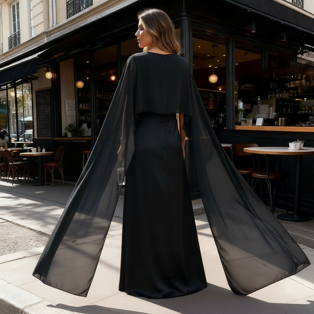 Women Maxi Dress Wedding Guest Formal Boat Neck Cape Gown