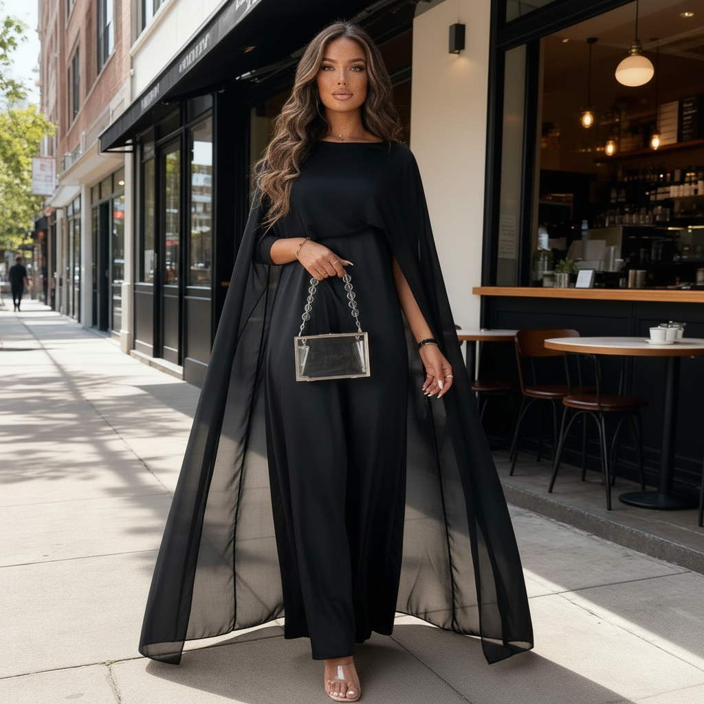Women Maxi Dress Wedding Guest Formal Boat Neck Cape Gown