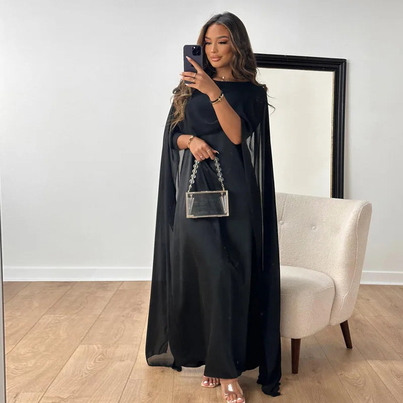 Women Maxi Dress Wedding Guest Formal Boat Neck Cape Gown