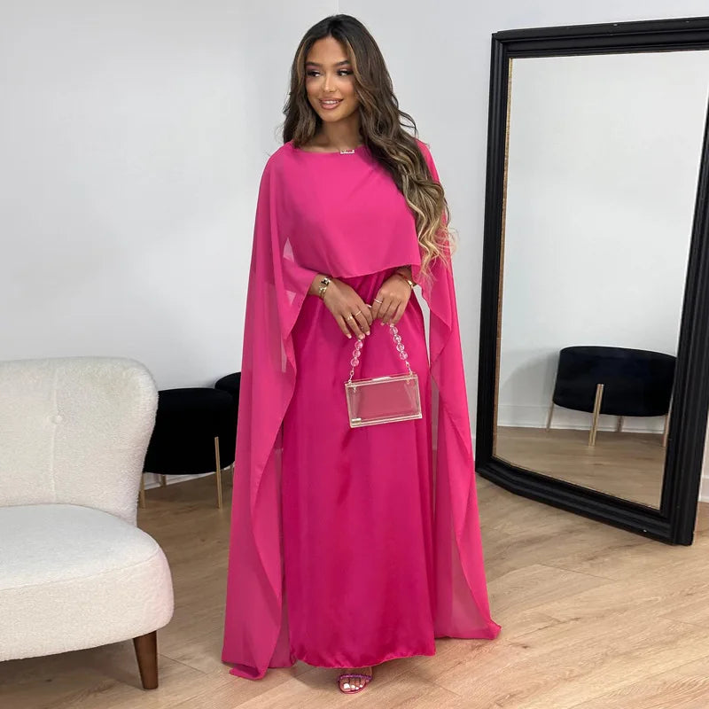 Women Maxi Dress Wedding Guest Formal Boat Neck Cape Gown