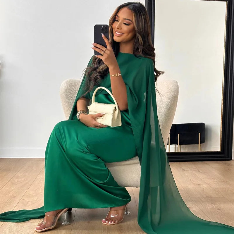 Women Maxi Dress Wedding Guest Formal Boat Neck Cape Gown