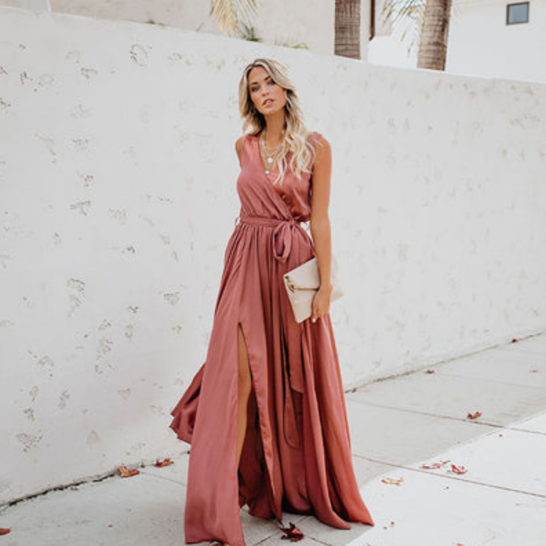 Women Maxi Dress Wedding Guest Sleeveless Tie Waist Formal Dress