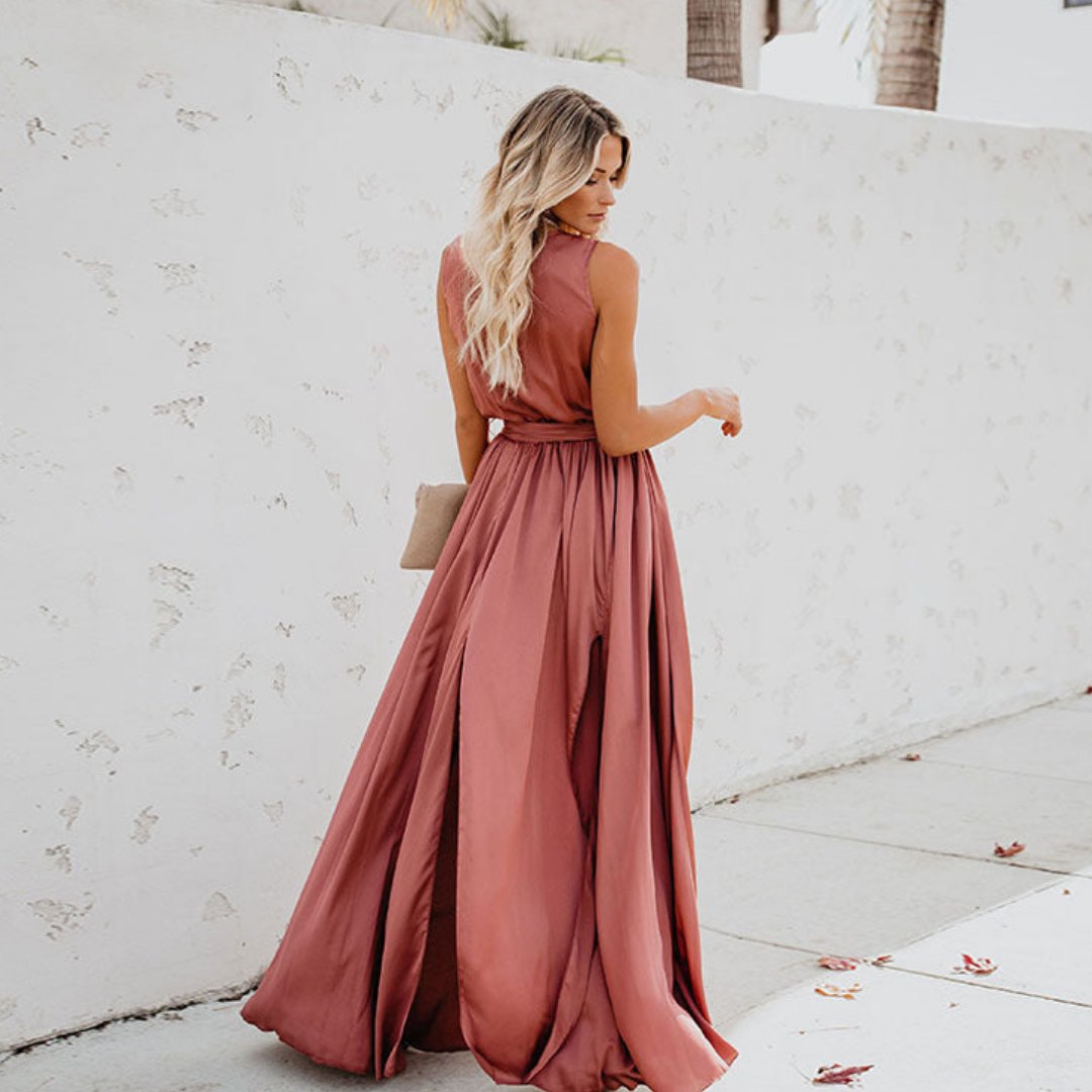 Women Maxi Dress Wedding Guest Sleeveless Tie Waist Formal Dress