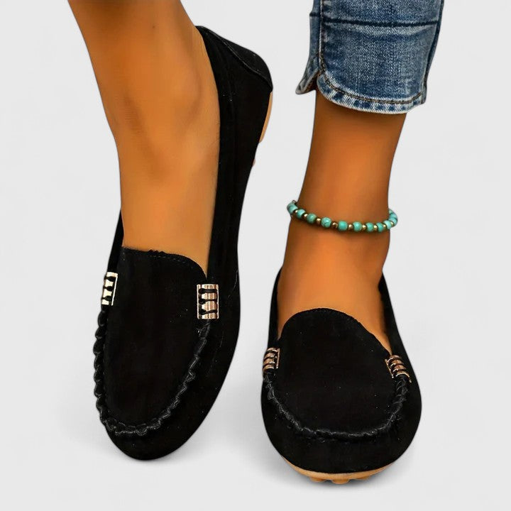 Women's Ergonomic Driving Moccasins with Whipstitch Detail and Metallic Accents