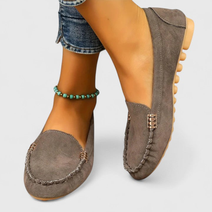 Women's Ergonomic Driving Moccasins with Whipstitch Detail and Metallic Accents