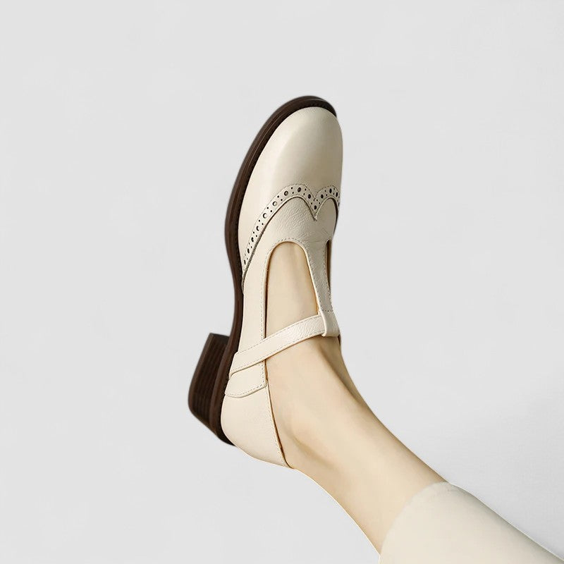 Women's Ergonomic Mary Jane Flats with Brogue Detailing and Buckle Strap