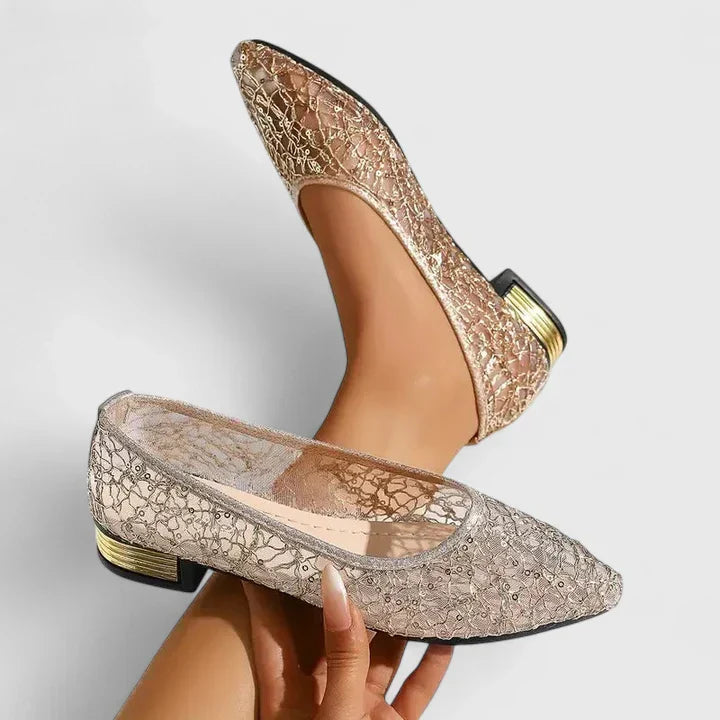 Women's Lace Ballet Flats with Pointed Toe and Metallic Low Heel