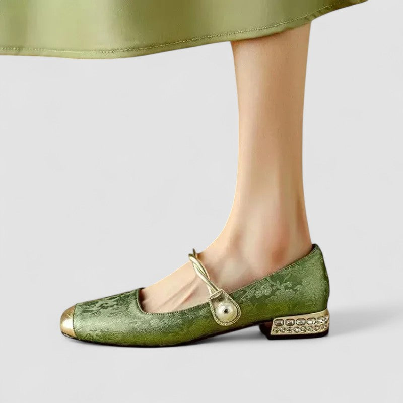 Women's Mary Jane Flats with Square Toe and Embellished Block Heel