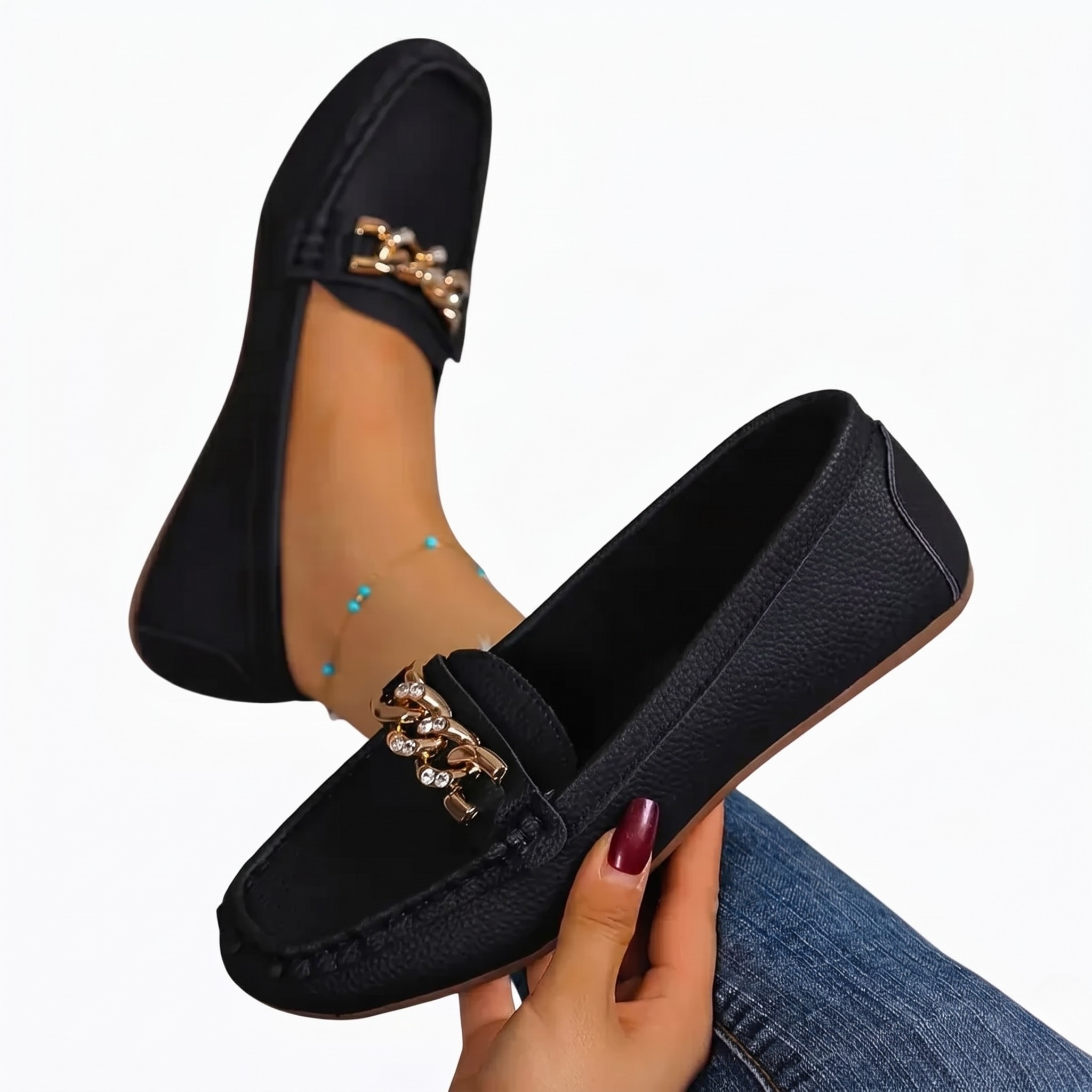 Women's Moccasin Loafers with Metal Chain Detail