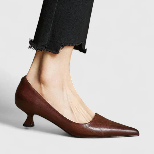 Women's Pointed Toe Pumps with Kitten Heel and Smooth Leather Finish