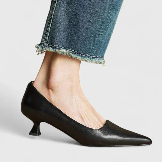 Women's Pointed Toe Pumps with Kitten Heel and Smooth Leather Finish