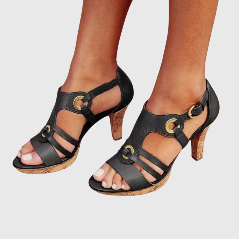 Women's Strappy Heeled Sandals with Cork Insole and Buckle Detail