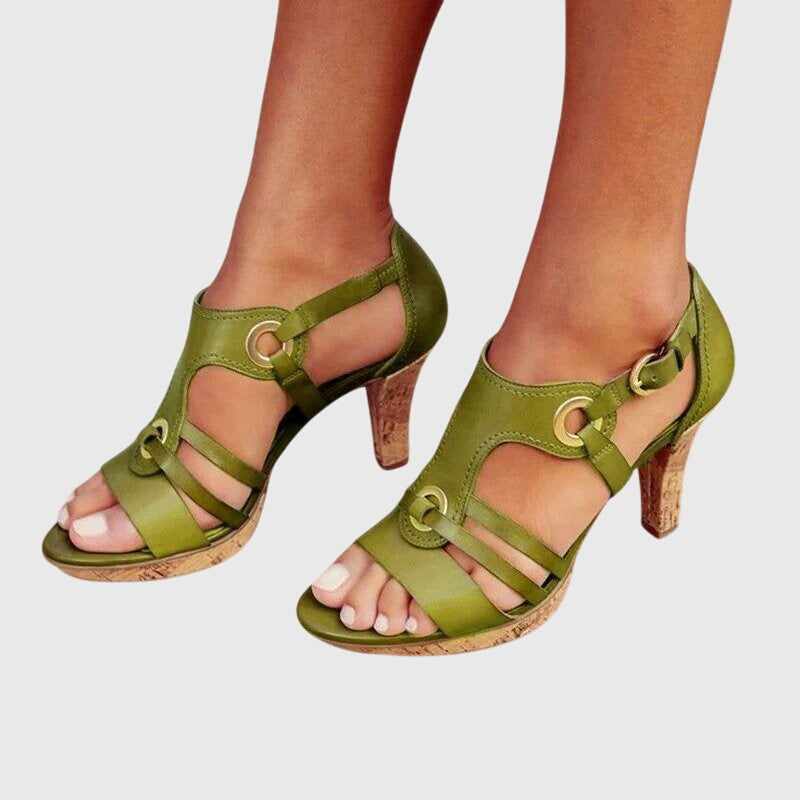 Women's Strappy Heeled Sandals with Cork Insole and Buckle Detail