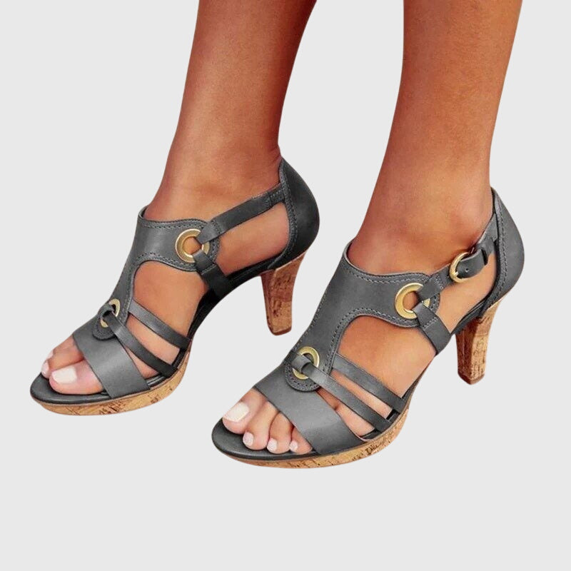 Women's Strappy Heeled Sandals with Cork Insole and Buckle Detail