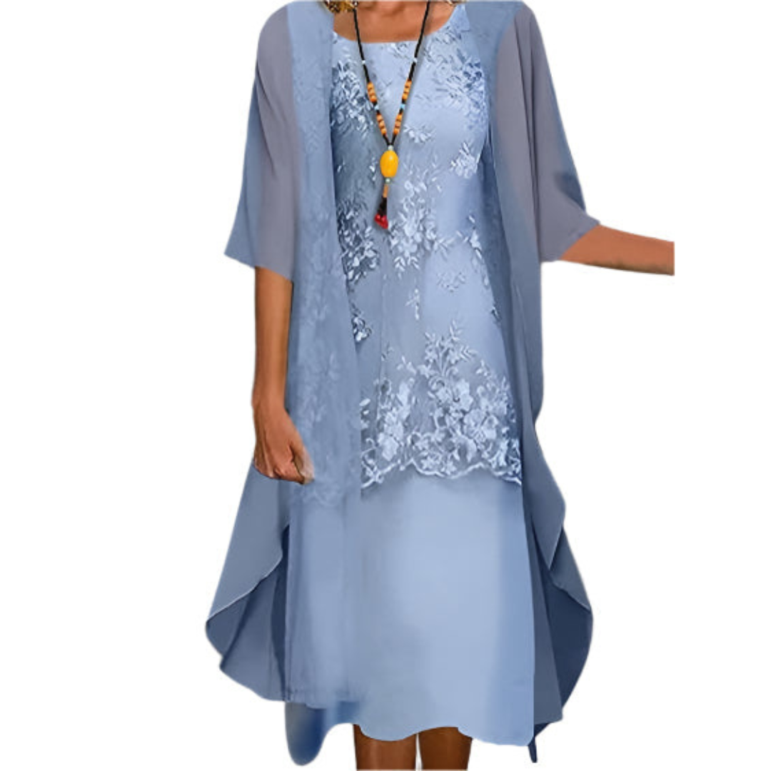 Women's 2-Piece Midi Dress Lace Overlay and Sheer Sleeve Jacket