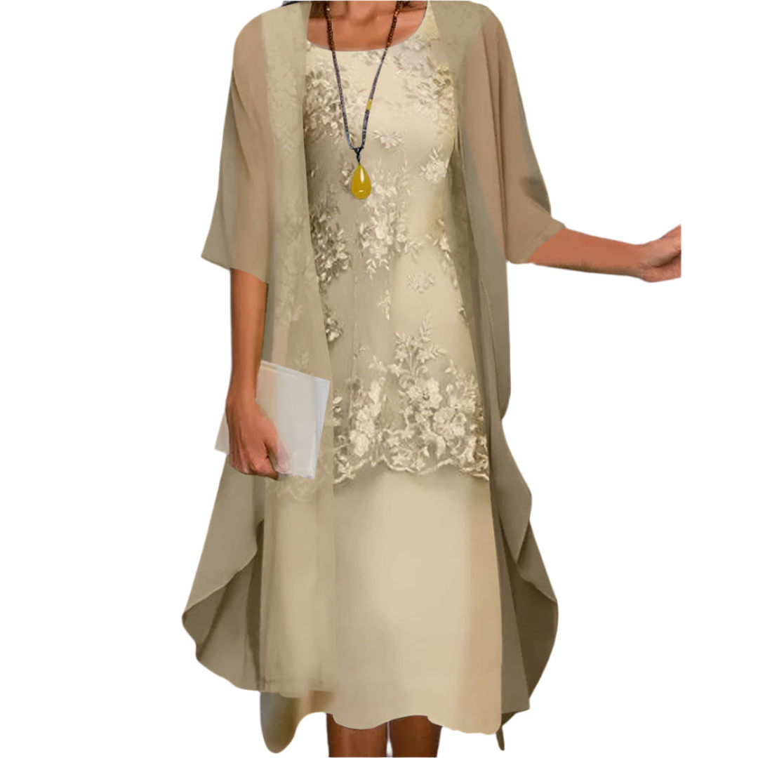 Women's 2-Piece Midi Dress Lace Overlay and Sheer Sleeve Jacket