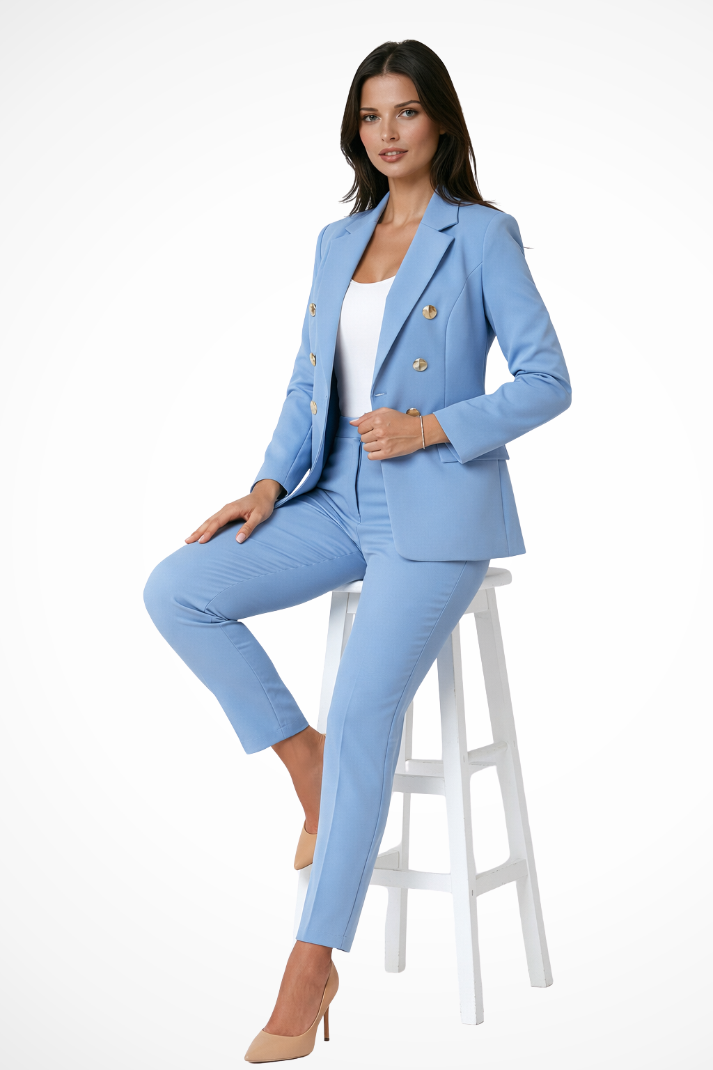Women's 2-Piece Pant Suit with Double-Breasted Blazer and Decorative Buttons