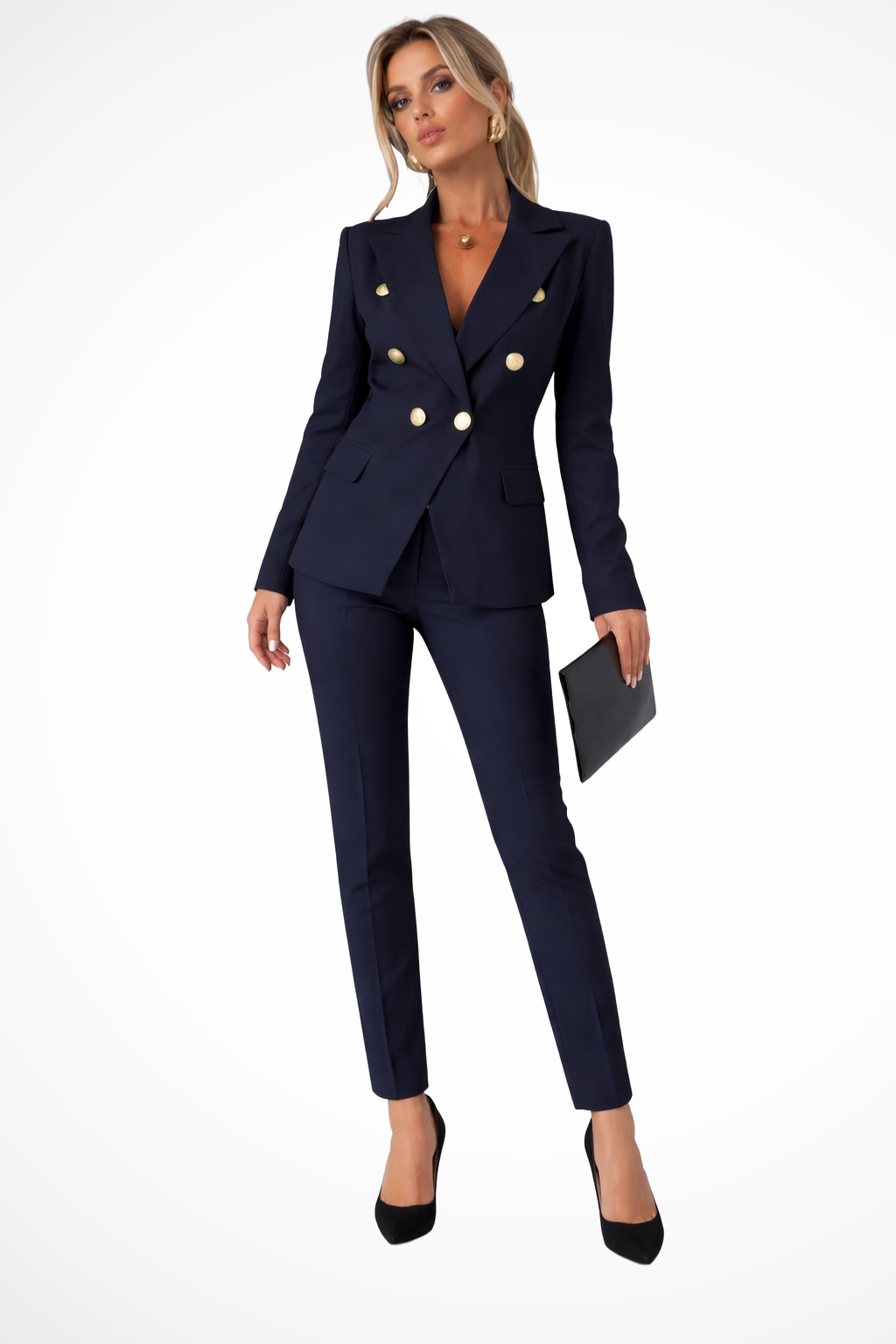 Women's 2-Piece Pant Suit with Double-Breasted Blazer and Gold Buttons