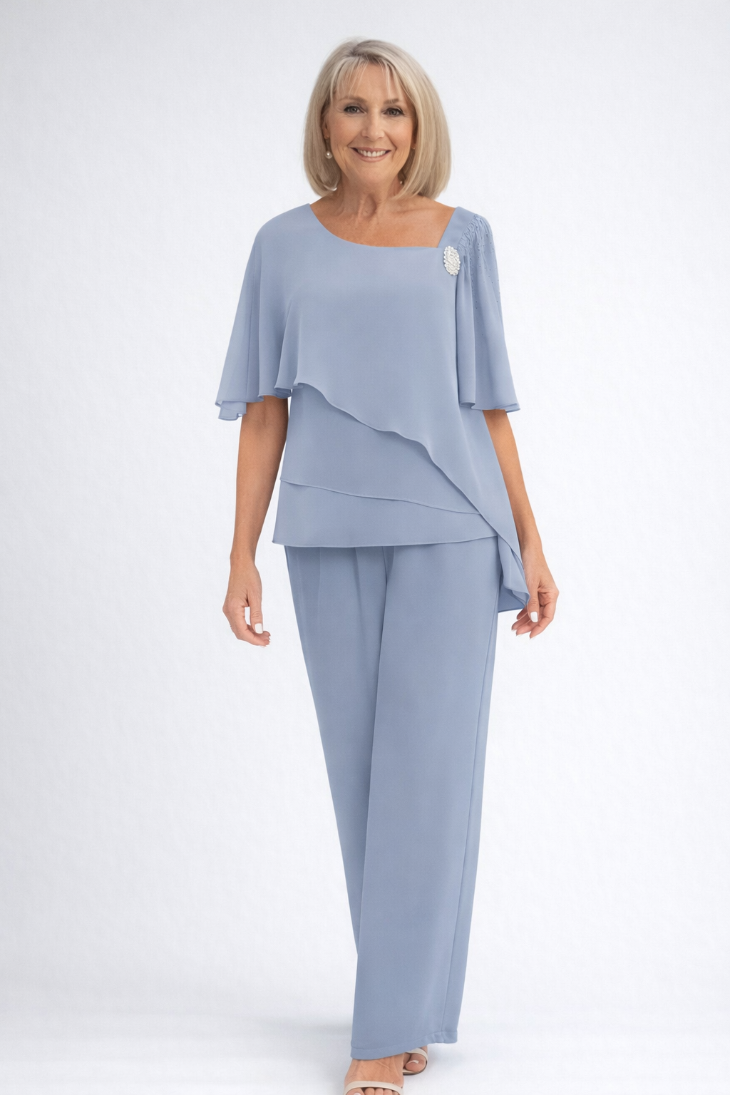Women's 2-Piece Pants Set with Layered Asymmetric Top and Wide-Leg Trousers