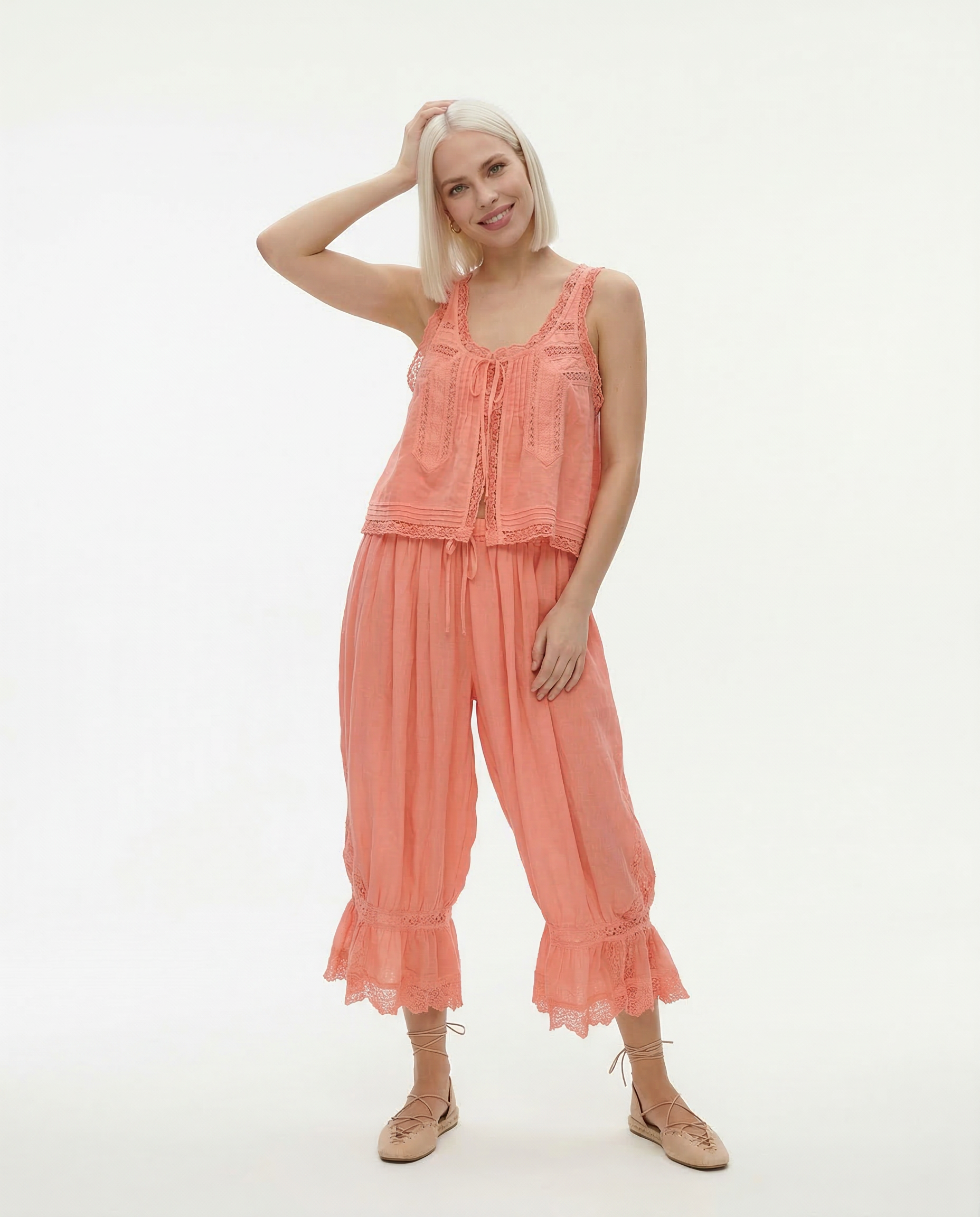 Women's 2-Piece Set Lace Trim and Wide Leg Trousers