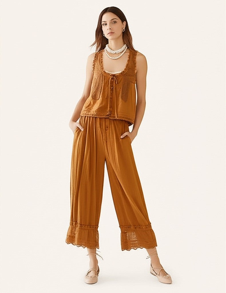 Women's 2-Piece Set Lace Trim and Wide Leg Trousers