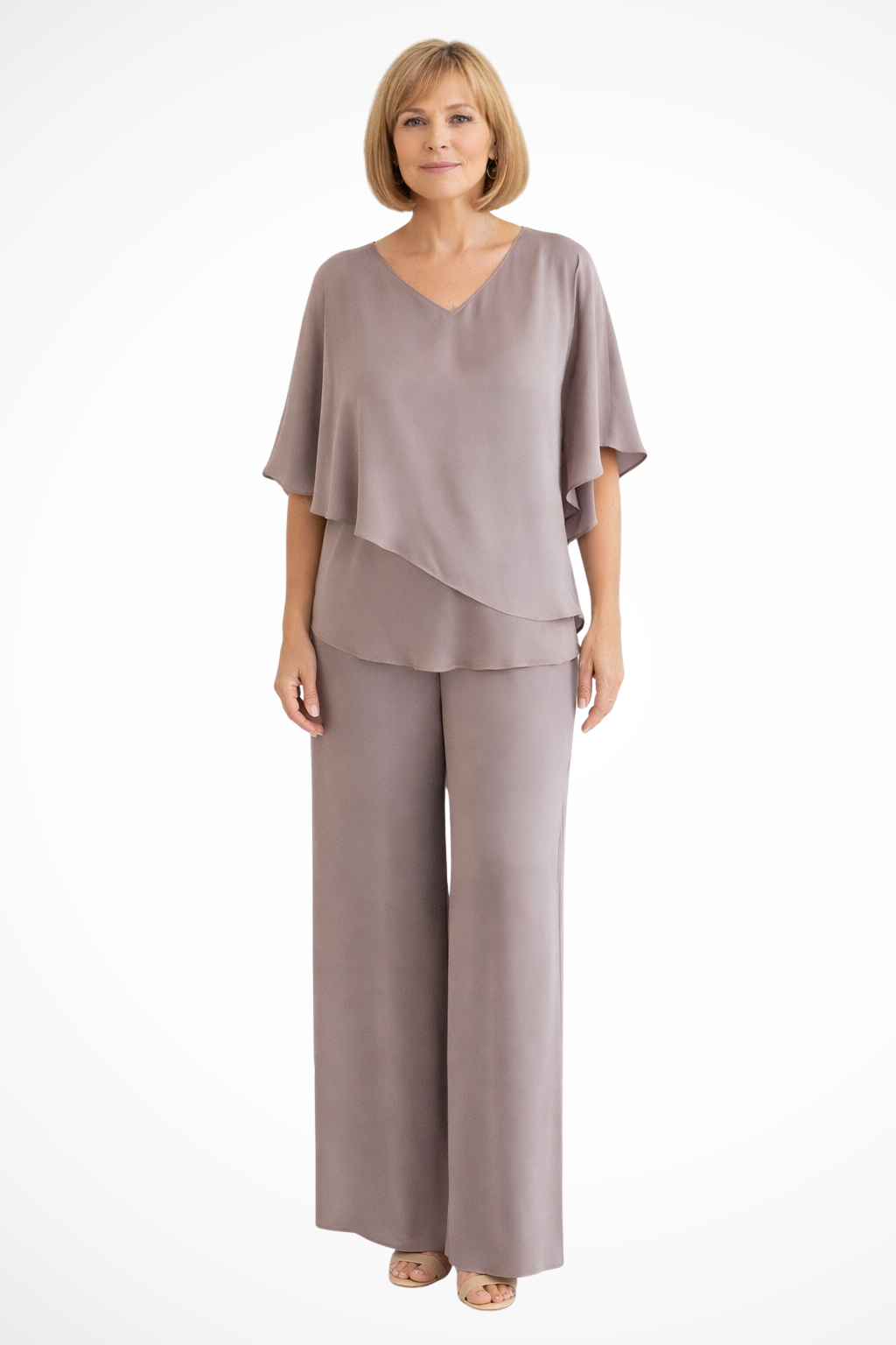 Women's 2-Piece Set with V-Neck Batwing Top and Wide-Leg Trousers