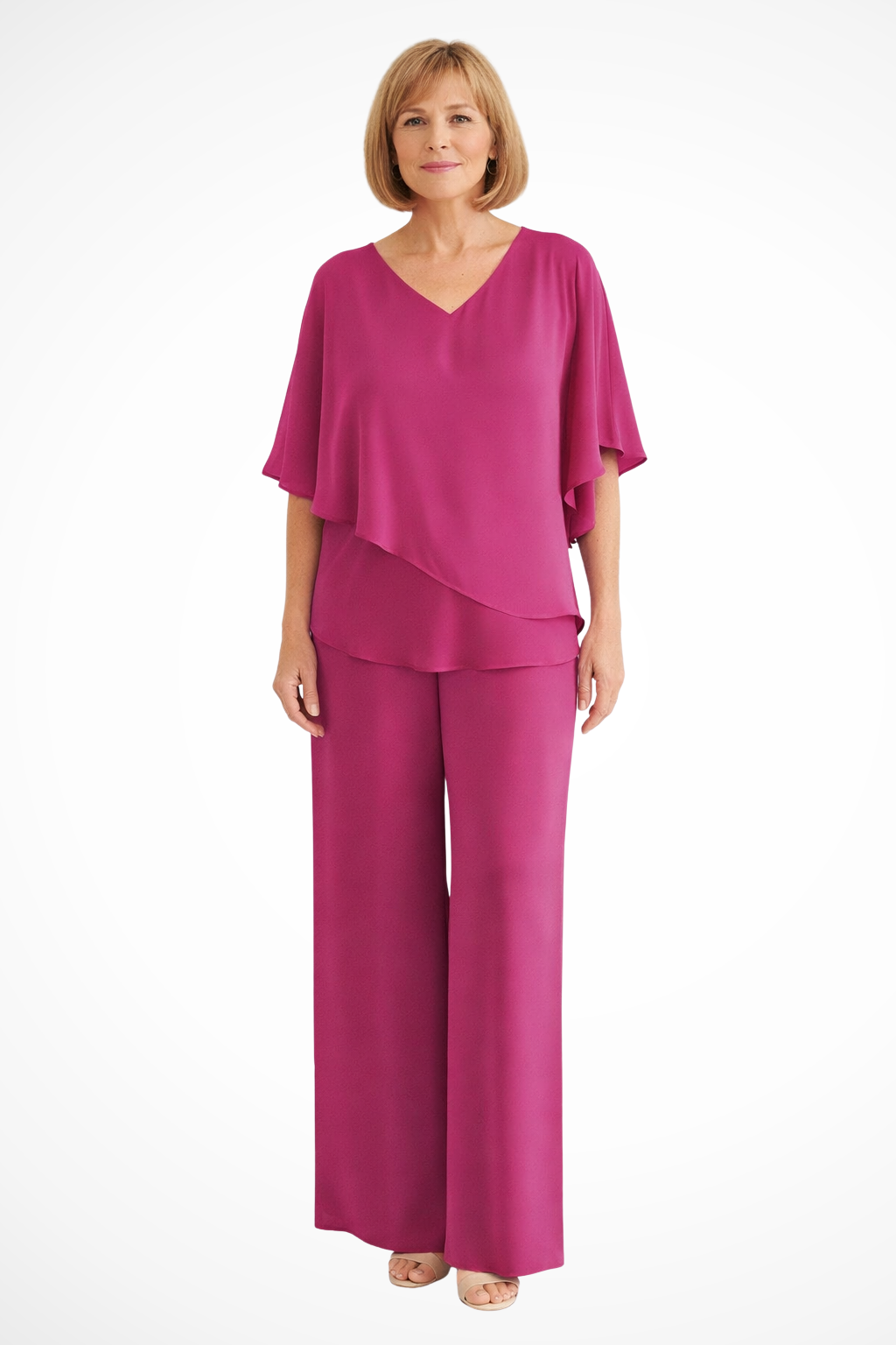 Women's 2-Piece Set with V-Neck Batwing Top and Wide-Leg Trousers