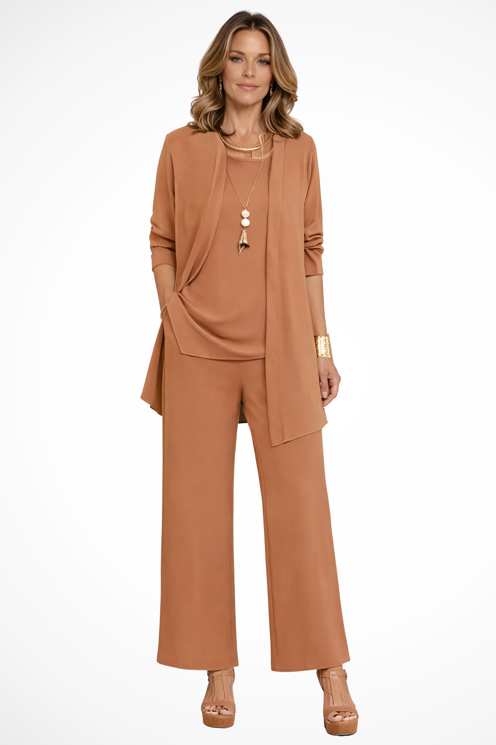 Women's 3-Piece Set Sleeveless Top Open Front Jacket Wide Leg Trousers