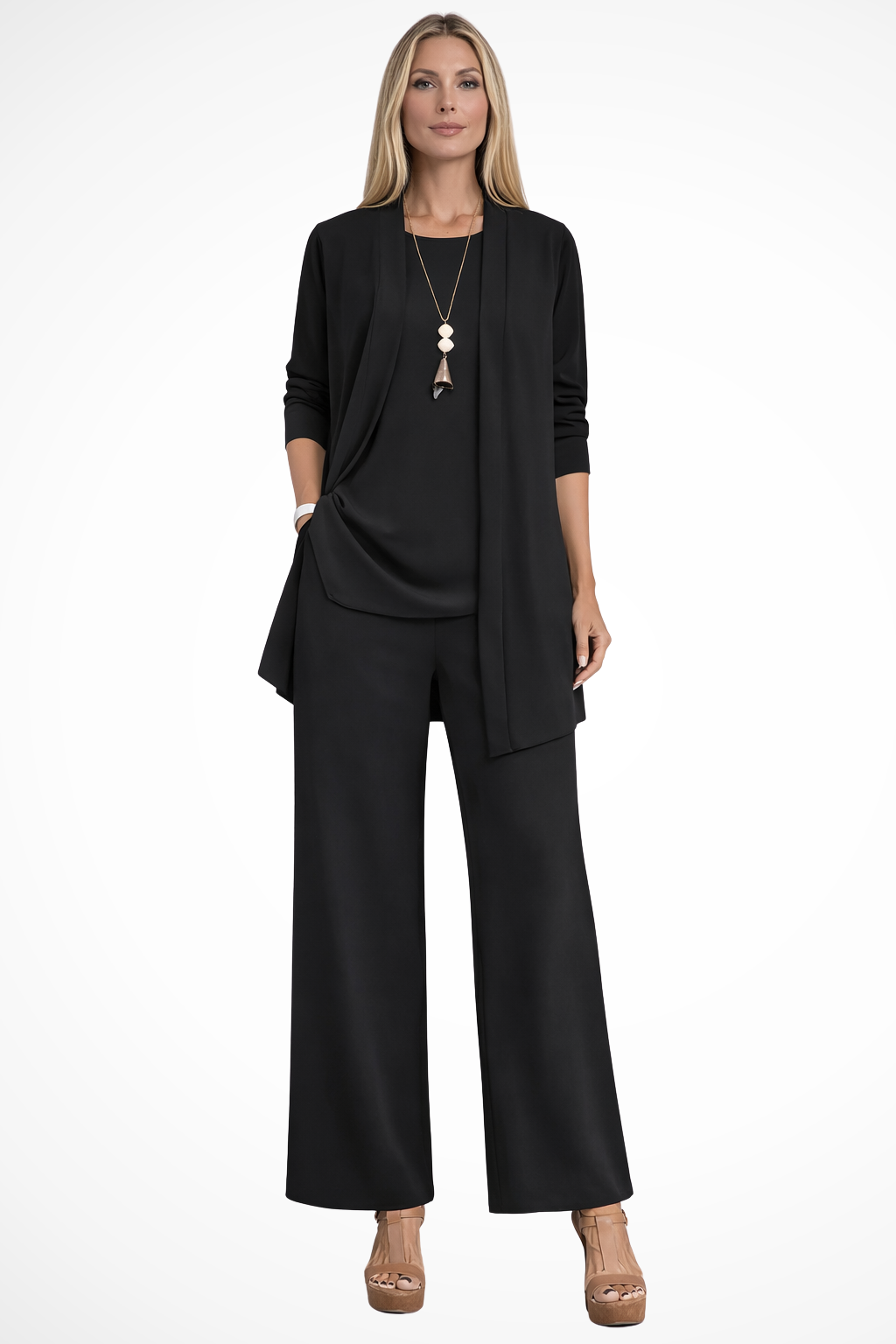 Women's 3-Piece Set Sleeveless Top Open Front Jacket Wide Leg Trousers