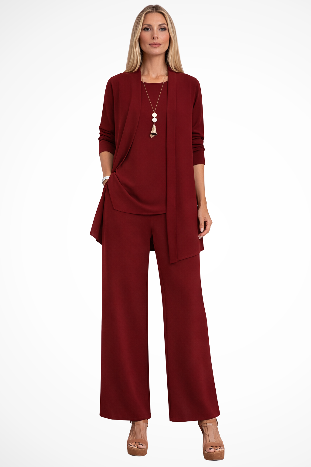 Women's 3-Piece Set Sleeveless Top Open Front Jacket Wide Leg Trousers