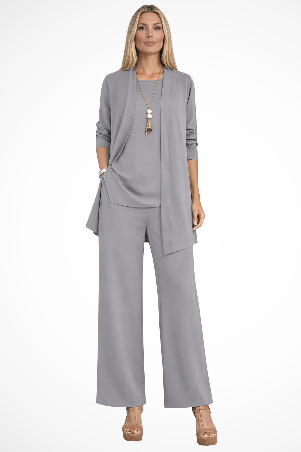 Women's 3-Piece Set Sleeveless Top Open Front Jacket Wide Leg Trousers