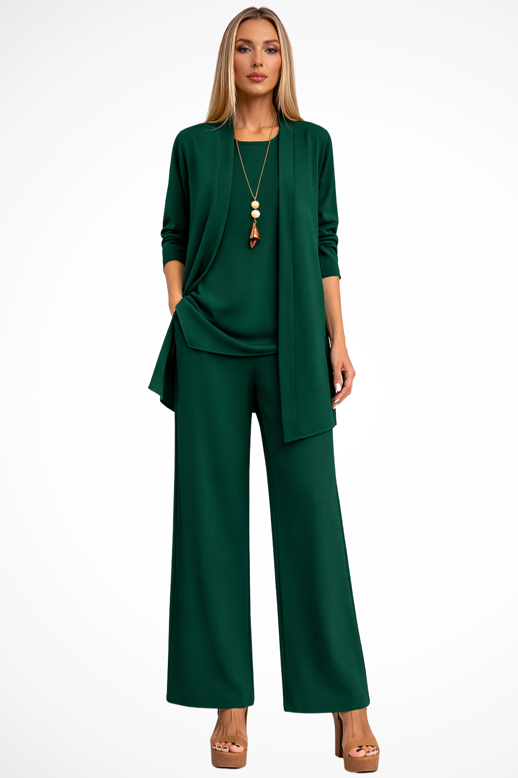 Women's 3-Piece Set Sleeveless Top Open Front Jacket Wide Leg Trousers