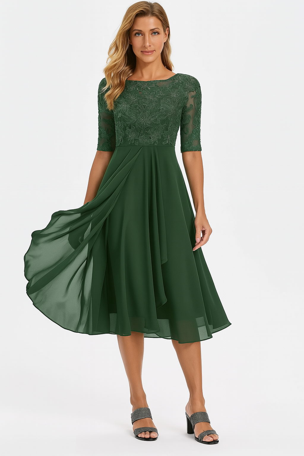 Women's A-Line Midi Dress Floral Lace Bodice and Tiered Skirt