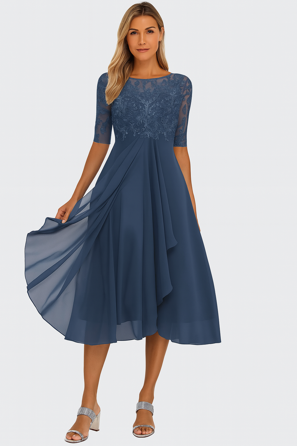 Women's A-Line Midi Dress Floral Lace Bodice and Tiered Skirt