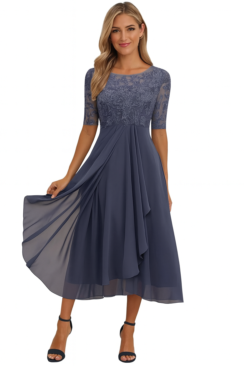Women's A-Line Midi Dress Floral Lace Bodice and Tiered Skirt