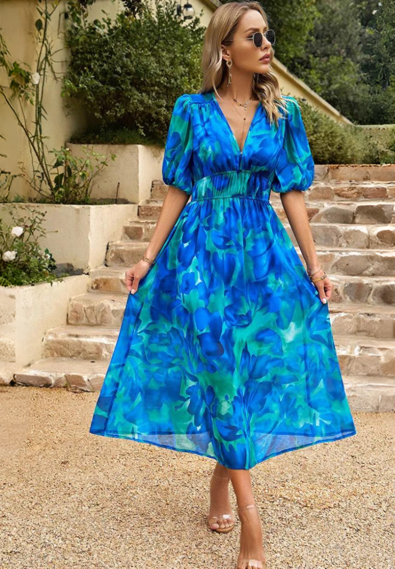 Women's A-Line Midi Dress Summer Deep V-Neck Printed Puff Sleeve
