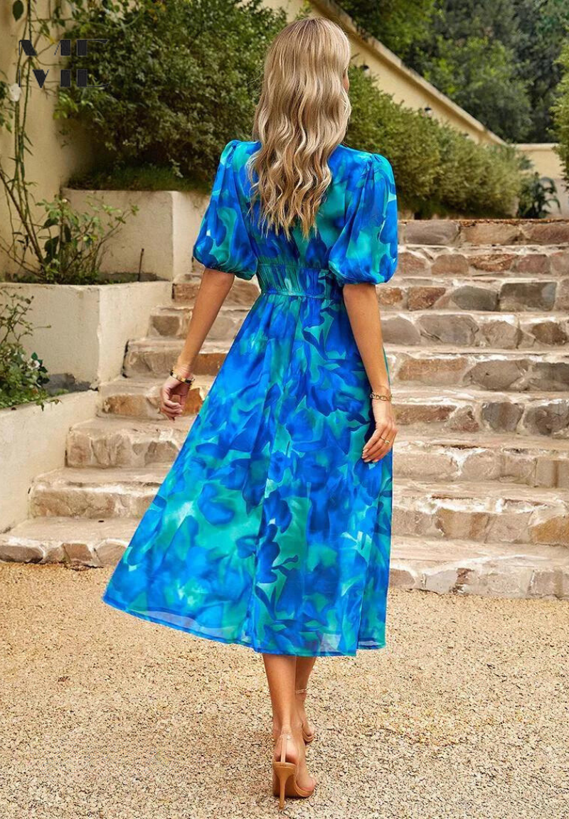 Women's A-Line Midi Dress Summer Deep V-Neck Printed Puff Sleeve