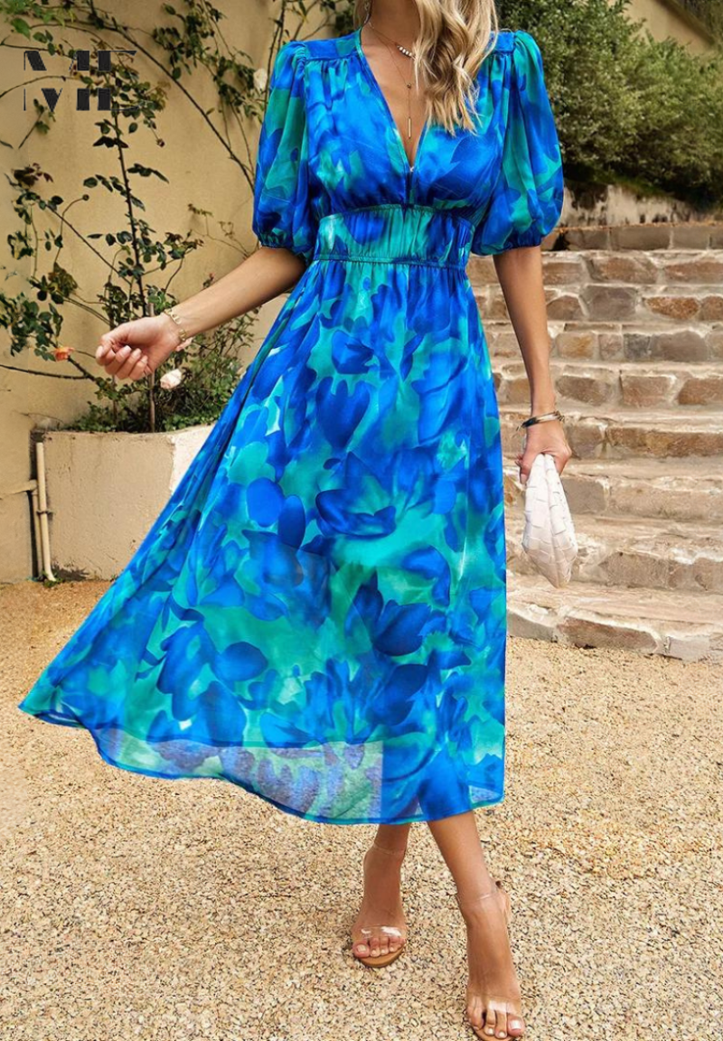Women's A-Line Midi Dress Summer Deep V-Neck Printed Puff Sleeve