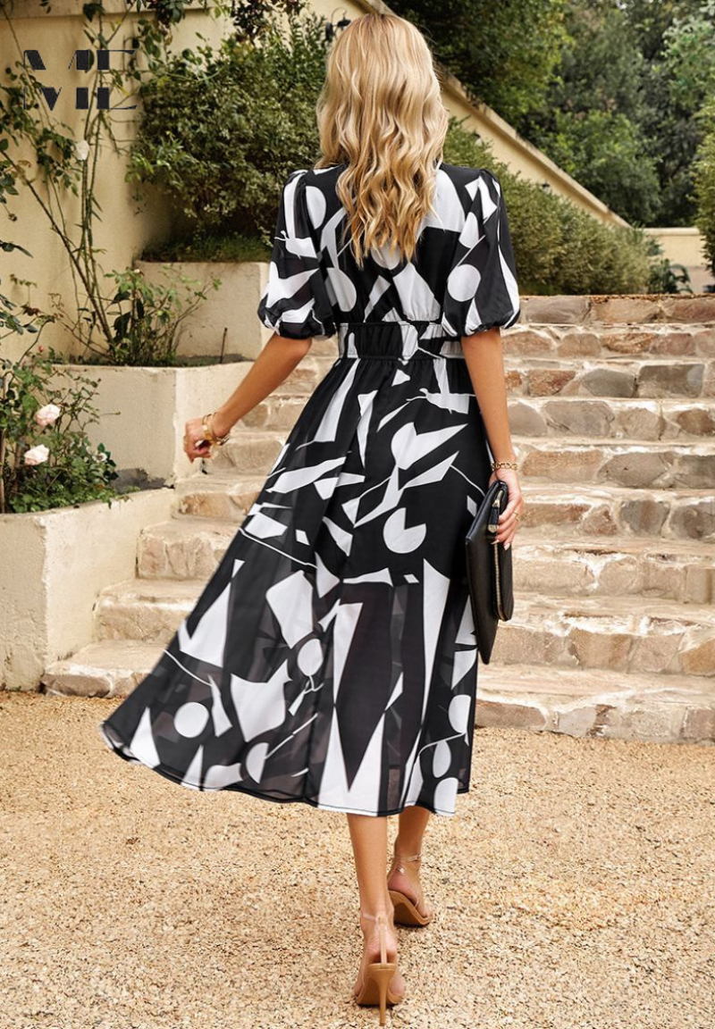 Women's A-Line Midi Dress Summer Deep V-Neck Printed Puff Sleeve