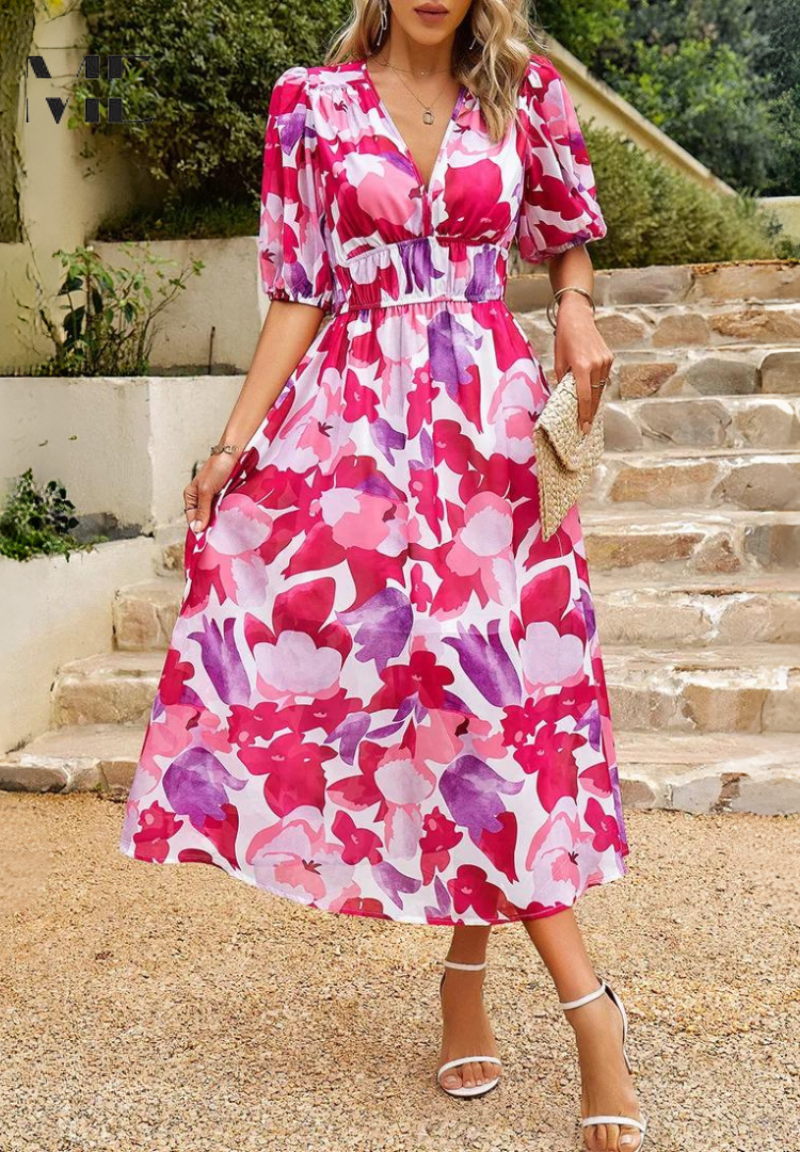 Women's A-Line Midi Dress Summer Deep V-Neck Printed Puff Sleeve