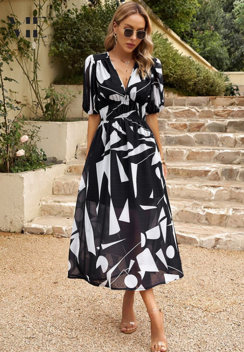Women's A-Line Midi Dress Summer Deep V-Neck Printed Puff Sleeve