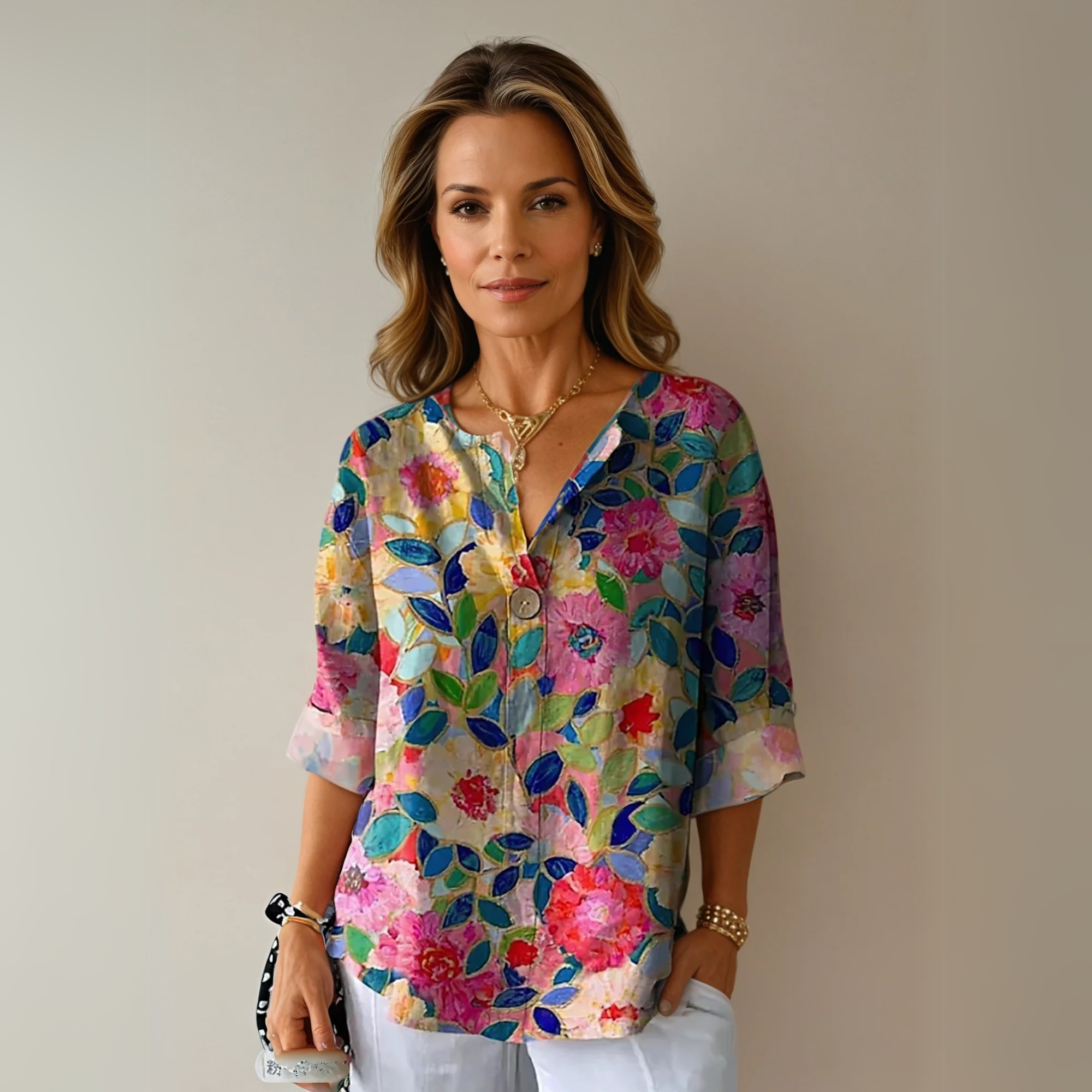 Women's Blouse Abstract Watercolor Pattern and Single Center Button